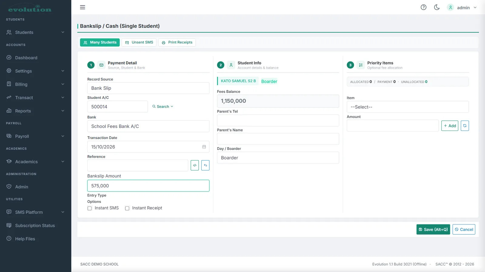 Recording a fees payment